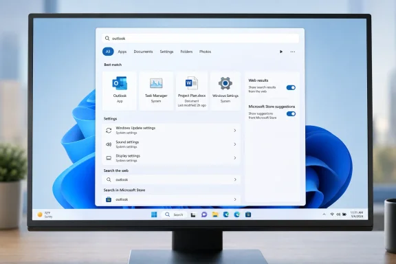 Windows 11 search results for “outlook” are displayed on a desktop monitor.