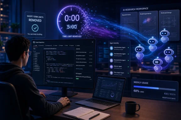 Developer at a workstation viewing code, AI agents, and a dashboard showing removed time limits. Developer at a workstation viewing code, AI agents, and a dashboard showing removed time limits.