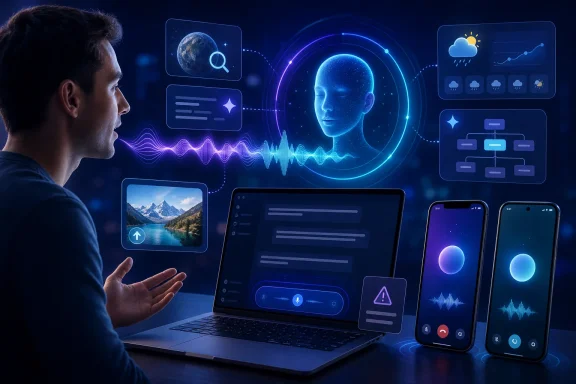 A man interacts with a futuristic AI voice assistant interface across a laptop and smartphones. A man interacts with a futuristic AI voice assistant interface across a laptop and smartphones.
