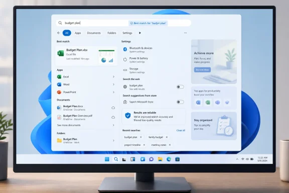 A Windows 11 monitor displays search results for “budget plan,” including Excel, Word, and PDF files.