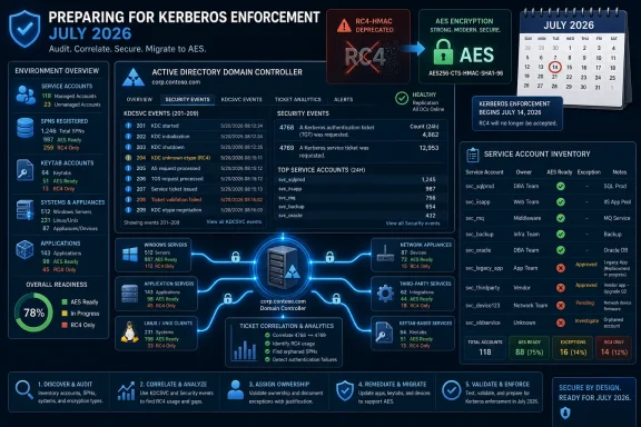 Dashboard outlines migrating from deprecated RC4 to AES before Kerberos enforcement on July 14, 2026. Dashboard outlines migrating from deprecated RC4 to AES before Kerberos enforcement on July 14, 2026.