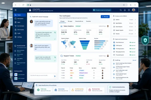 A secure AI app builder dashboard displays sales analytics, support tickets, governance controls, and audit logs. A secure AI app builder dashboard displays sales analytics, support tickets, governance controls, and audit logs.
