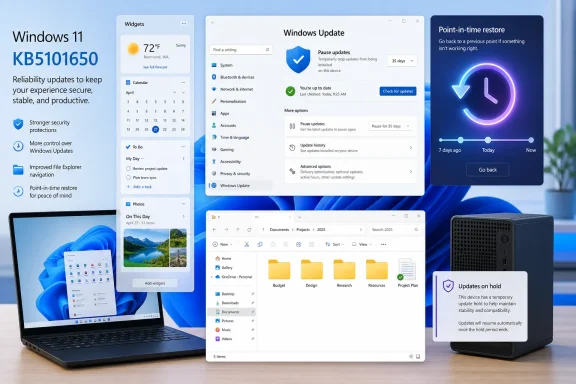 windowsforum-kb5101650-adds-windows-11-restore-35-day-pause-and-quieter-widgets.webp