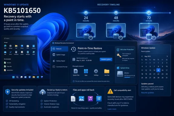 Windows 11 KB5101650 update infographic showing point-in-time recovery, backups, and paused updates.