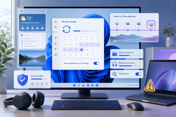 Windows desktop displays update, security, restore, accessibility, and connectivity controls beside a laptop. Windows desktop displays update, security, restore, accessibility, and connectivity controls beside a laptop.