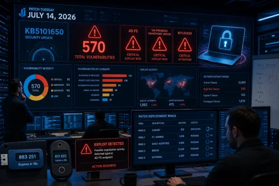 Cybersecurity operations center monitors a July 2026 patch with 570 vulnerabilities and active exploit alerts. Cybersecurity operations center monitors a July 2026 patch with 570 vulnerabilities and active exploit alerts.
