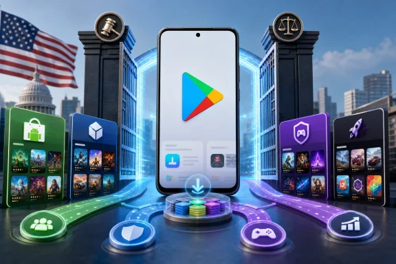 A smartphone displaying Google Play stands amid app categories, legal gates, and U.S. landmarks.