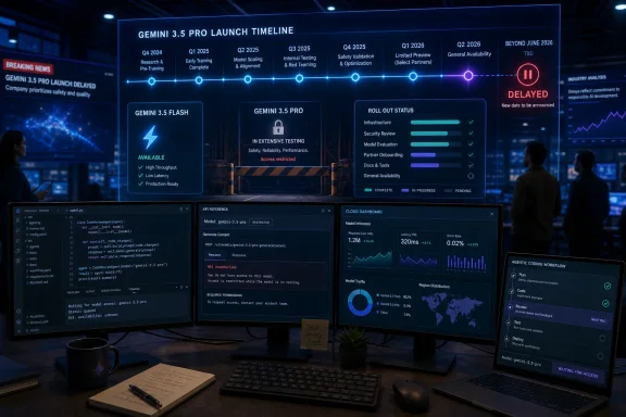 High-tech control room displays a delayed Gemini 3.5 Pro launch, dashboards, timelines, and coding monitors. High-tech control room displays a delayed Gemini 3.5 Pro launch, dashboards, timelines, and coding monitors.