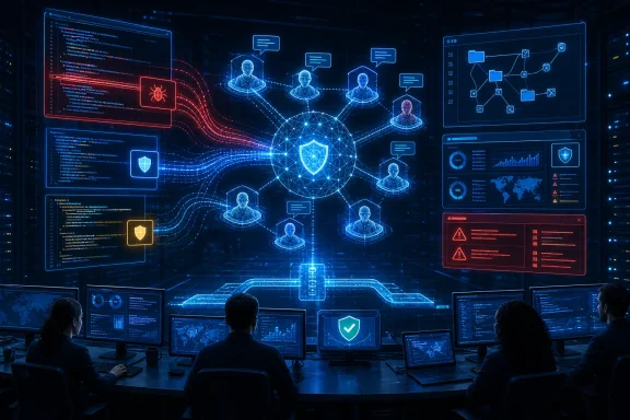 Cybersecurity analysts monitor a glowing network of threats, code, alerts, and shield icons in a dark control room. Cybersecurity analysts monitor a glowing network of threats, code, alerts, and shield icons in a dark control room.