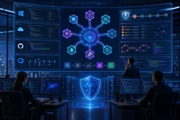 Cybersecurity analysts monitor glowing dashboards and a central shield in a futuristic control room. Cybersecurity analysts monitor glowing dashboards and a central shield in a futuristic control room.