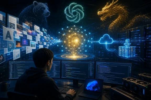 Developer coding amid glowing AI symbols, data networks, cloud storage, and server hardware. Developer coding amid glowing AI symbols, data networks, cloud storage, and server hardware.