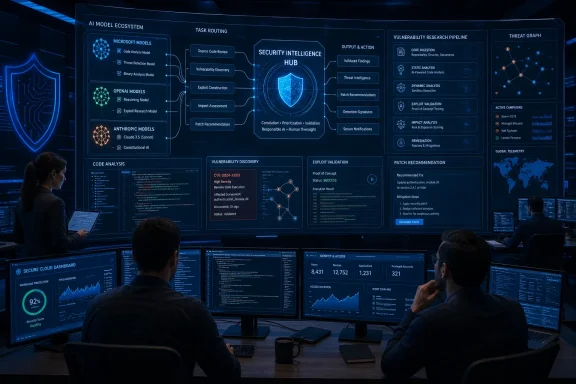 Cybersecurity analysts monitor an AI-powered threat intelligence and vulnerability assessment dashboard. Cybersecurity analysts monitor an AI-powered threat intelligence and vulnerability assessment dashboard.
