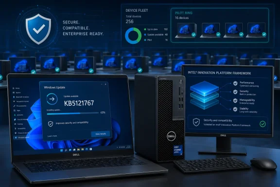 Enterprise device fleet dashboard showing Dell computers, Windows update progress, and security compatibility features. Enterprise device fleet dashboard showing Dell computers, Windows update progress, and security compatibility features.