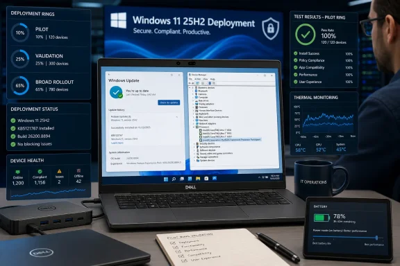 A Dell laptop displays Windows 11 deployment dashboards, device health metrics, thermal monitoring, and battery status. A Dell laptop displays Windows 11 deployment dashboards, device health metrics, thermal monitoring, and battery status.