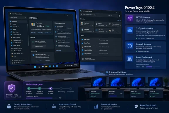 Promotional graphic showing PowerToys 0.100.2 dashboards, update progress, and enterprise deployment features. Promotional graphic showing PowerToys 0.100.2 dashboards, update progress, and enterprise deployment features.
