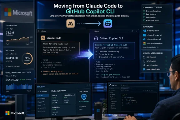 Microsoft graphic promoting a move from Claude Code to GitHub Copilot CLI, with security and repository dashboards. Microsoft graphic promoting a move from Claude Code to GitHub Copilot CLI, with security and repository dashboards.