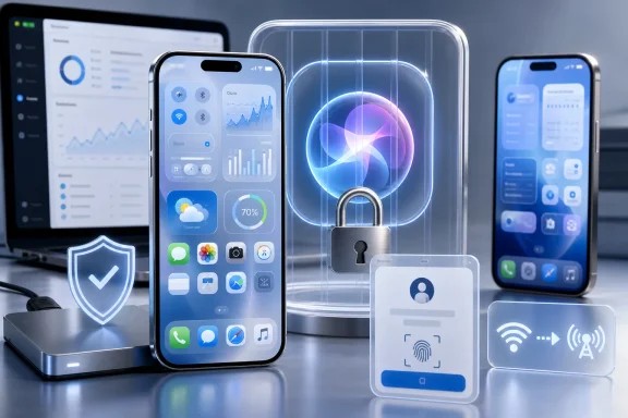 Smartphones and devices display analytics alongside glowing security symbols, a padlock, shield, and biometric ID card. Smartphones and devices display analytics alongside glowing security symbols, a padlock, shield, and biometric ID card.