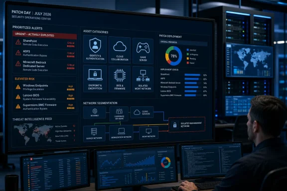 Cybersecurity operations center dashboard displays critical alerts, patch deployment progress, and network segmentation. Cybersecurity operations center dashboard displays critical alerts, patch deployment progress, and network segmentation.