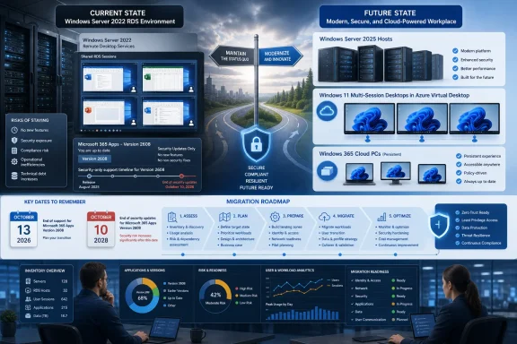 Infographic comparing a Windows Server 2022 RDS environment with a secure cloud migration roadmap. Infographic comparing a Windows Server 2022 RDS environment with a secure cloud migration roadmap.