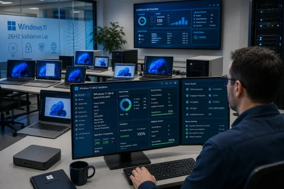 Technician monitors a Windows 11 26H2 validation lab with multiple test devices and dashboards. Technician monitors a Windows 11 26H2 validation lab with multiple test devices and dashboards.