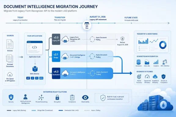 Infographic depicting migration from legacy Form Recognizer API v2.0 to Document Intelligence v4.0 by 2026. Infographic depicting migration from legacy Form Recognizer API v2.0 to Document Intelligence v4.0 by 2026.