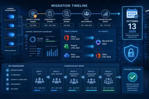 Migration timeline infographic showing Office LTSC 2021 moving to Microsoft 365 and Office LTSC 2024 by October 2026. Migration timeline infographic showing Office LTSC 2021 moving to Microsoft 365 and Office LTSC 2024 by October 2026.