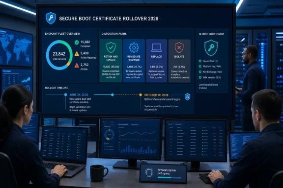 Security operations center monitors a 2026 Secure Boot certificate rollover across 23,842 devices. Security operations center monitors a 2026 Secure Boot certificate rollover across 23,842 devices.