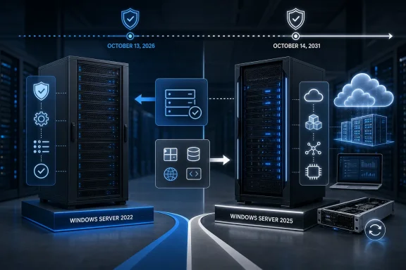 Illustration of migrating from Windows Server 2022 to 2025, with security, cloud, and infrastructure icons. Illustration of migrating from Windows Server 2022 to 2025, with security, cloud, and infrastructure icons.