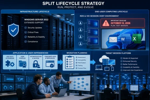 Infographic outlining a split lifecycle strategy for Windows Server support and end-user migration by October 2026. Infographic outlining a split lifecycle strategy for Windows Server support and end-user migration by October 2026.