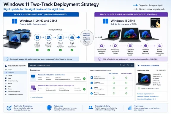 Infographic showing Windows 11’s two-track deployment strategy for existing fleets and new eligible hardware. Infographic showing Windows 11’s two-track deployment strategy for existing fleets and new eligible hardware.