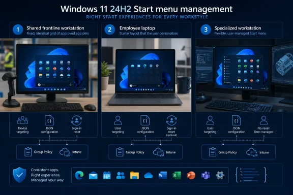Infographic comparing Windows 11 Start menu management for frontline, employee, and specialized workstations. Infographic comparing Windows 11 Start menu management for frontline, employee, and specialized workstations.