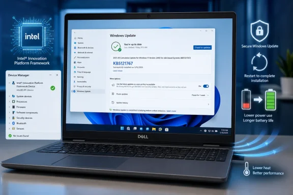 Dell laptop showing Windows Update, Intel platform framework, and graphics promoting secure, efficient updates. Dell laptop showing Windows Update, Intel platform framework, and graphics promoting secure, efficient updates.