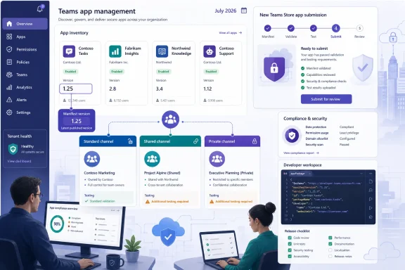 Teams app management dashboard showing app inventory, channel testing, compliance, and submission review. Teams app management dashboard showing app inventory, channel testing, compliance, and submission review.