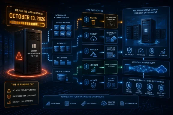 Infographic outlines five migration paths from legacy Windows Server 2012/R2 before the October 13, 2026 deadline. Infographic outlines five migration paths from legacy Windows Server 2012/R2 before the October 13, 2026 deadline.
