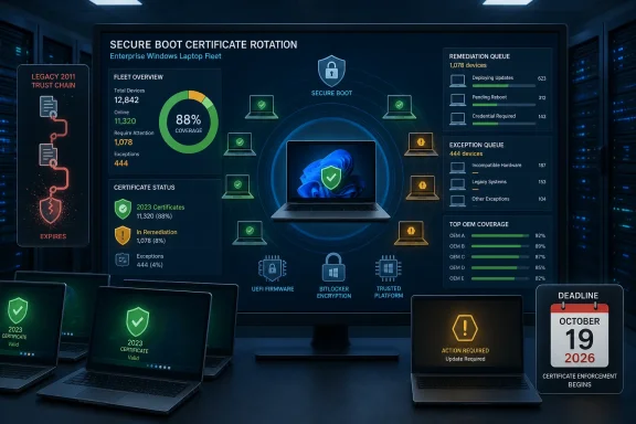Cybersecurity dashboard tracking secure boot certificate rotation across an enterprise Windows laptop fleet. Cybersecurity dashboard tracking secure boot certificate rotation across an enterprise Windows laptop fleet.