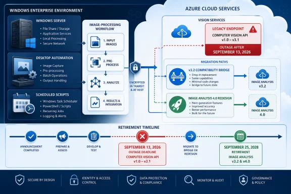 Infographic outlining migration from legacy Computer Vision APIs to Azure Image Analysis v3.2 or 4.0 by 2026. Infographic outlining migration from legacy Computer Vision APIs to Azure Image Analysis v3.2 or 4.0 by 2026.