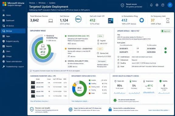 Microsoft Intune dashboard showing targeted Windows update deployment for Dell devices with Intel IPF drivers. Microsoft Intune dashboard showing targeted Windows update deployment for Dell devices with Intel IPF drivers.