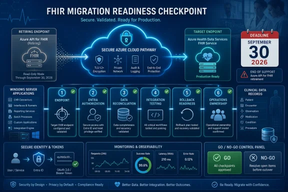 Infographic outlining Azure FHIR migration readiness, security checkpoints, a September 30, 2026 deadline, and go/no-go controls. Infographic outlining Azure FHIR migration readiness, security checkpoints, a September 30, 2026 deadline, and go/no-go controls.
