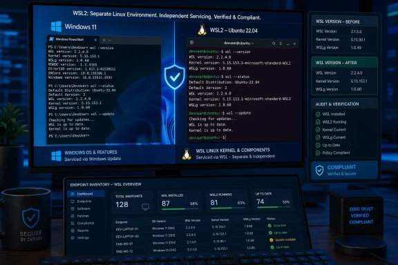 Windows 11 and Ubuntu WSL2 terminals show version checks, updates, compliance, and endpoint inventory dashboards. Windows 11 and Ubuntu WSL2 terminals show version checks, updates, compliance, and endpoint inventory dashboards.