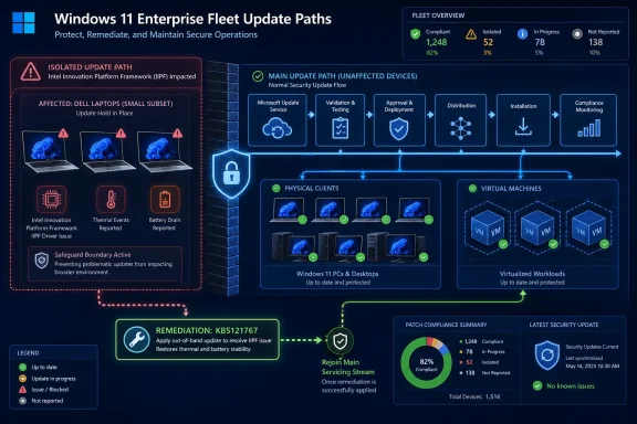 Windows 11 enterprise update-path infographic showing isolated Dell devices, remediation, and a compliant main fleet. Windows 11 enterprise update-path infographic showing isolated Dell devices, remediation, and a compliant main fleet.