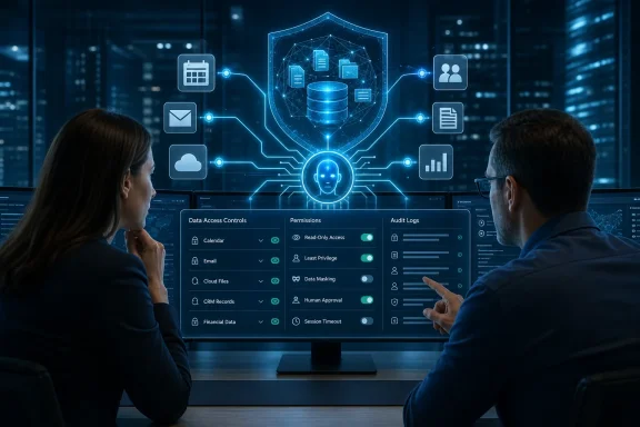 Two professionals review an AI-powered data access control and audit dashboard in a futuristic office. Two professionals review an AI-powered data access control and audit dashboard in a futuristic office.
