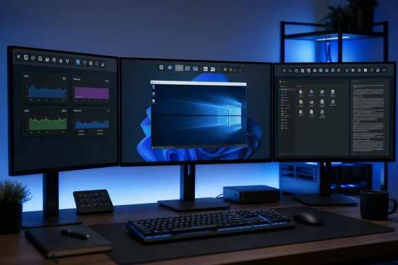A blue-lit workstation features three monitors, system dashboards, a keyboard, mouse, and coffee mug. A blue-lit workstation features three monitors, system dashboards, a keyboard, mouse, and coffee mug.