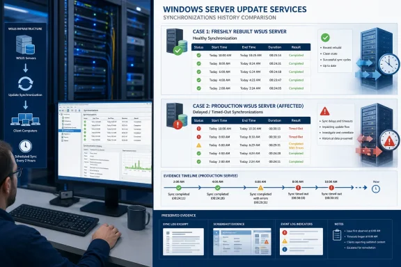 Infographic compares healthy and affected WSUS synchronization histories, highlighting production delays, errors, and timeouts. Infographic compares healthy and affected WSUS synchronization histories, highlighting production delays, errors, and timeouts.