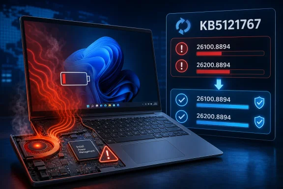 Laptop overheating with a critically low battery, highlighting Intel power management update KB5121767. Laptop overheating with a critically low battery, highlighting Intel power management update KB5121767.