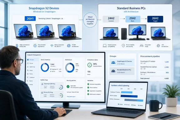 IT manager reviews dashboards comparing Snapdragon X2 and standard business PC deployment plans. IT manager reviews dashboards comparing Snapdragon X2 and standard business PC deployment plans.