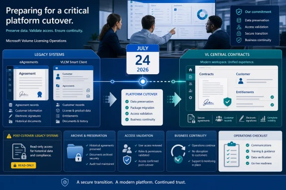 Infographic outlining a secure July 2026 platform cutover from legacy systems to VL Central Contracts. Infographic outlining a secure July 2026 platform cutover from legacy systems to VL Central Contracts.