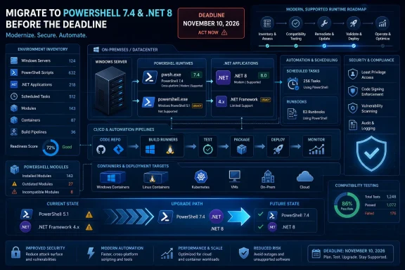 Infographic urging migration from PowerShell 5.1 and .NET Framework to PowerShell 7.4 and .NET 8 by 2026. Infographic urging migration from PowerShell 5.1 and .NET Framework to PowerShell 7.4 and .NET 8 by 2026.