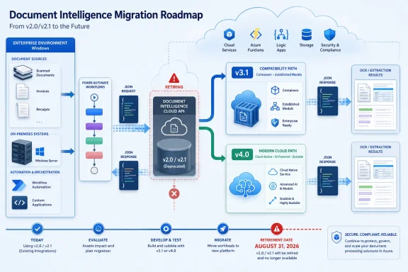 Roadmap showing migration from deprecated Document Intelligence v2.0/v2.1 to Azure v3.1 or v4.0. Roadmap showing migration from deprecated Document Intelligence v2.0/v2.1 to Azure v3.1 or v4.0.