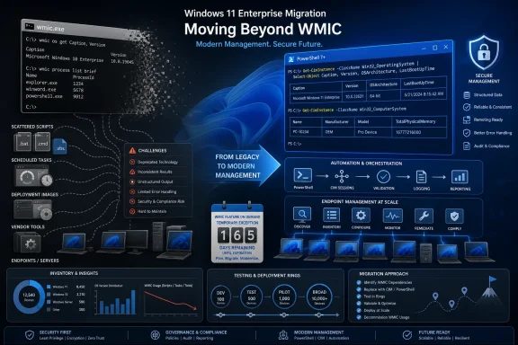 Windows 11 migration infographic contrasts legacy WMIC with modern PowerShell, automation, security, and deployment. Windows 11 migration infographic contrasts legacy WMIC with modern PowerShell, automation, security, and deployment.