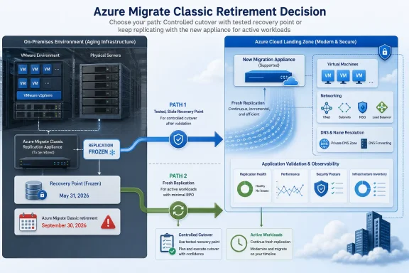 Azure Migrate Classic retirement diagram showing controlled cutover or continued replication to a secure Azure landing zone. Azure Migrate Classic retirement diagram showing controlled cutover or continued replication to a secure Azure landing zone.